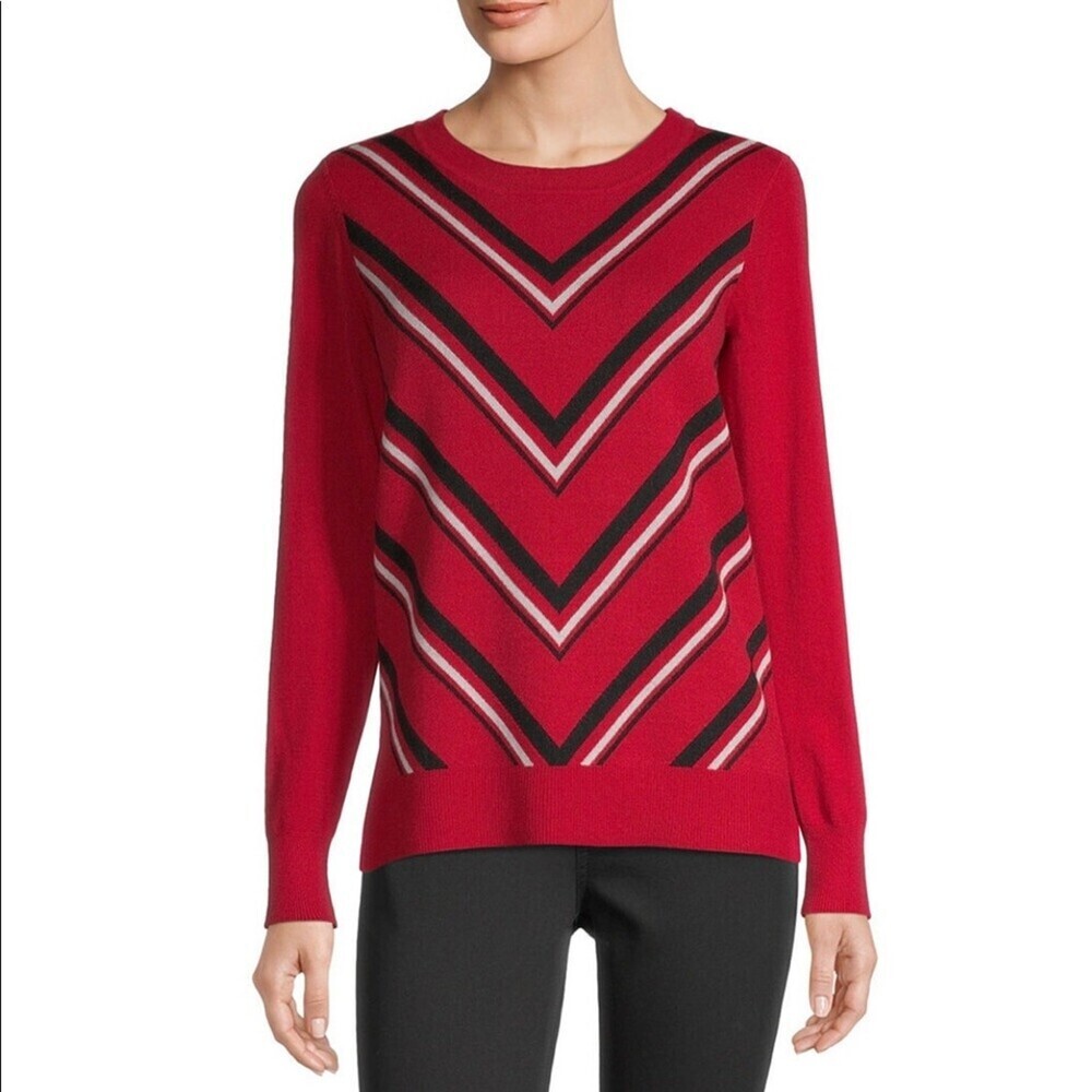 NEW Liz Claiborne Round Neck Long Sleeve Chevron SZ M red black knit sweater